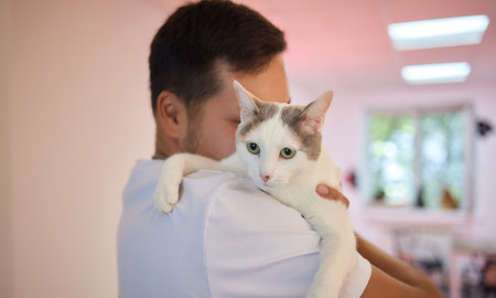 Young man in t shirt holding a cat.の写真素材