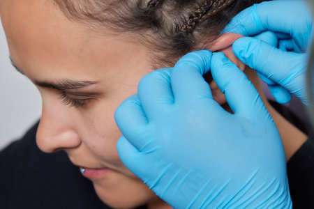 Professional placing the jewel of piercing on the temple on the head with ball. Tragus type.