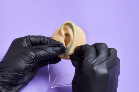 Professional placing the jewel of training silicone for ear piercing Tragus type.の写真素材