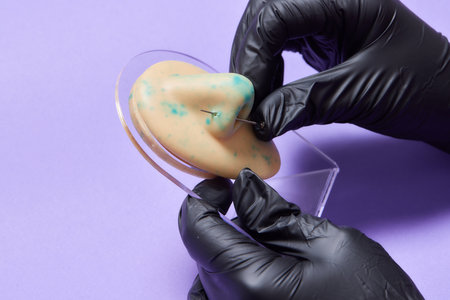 Professional placing the jewel of training silicone for nose piercing Tragus type.の写真素材