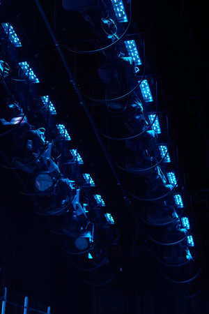 Spot light in the modern television studio on ceiling. Studio lights used for movies and television.の写真素材