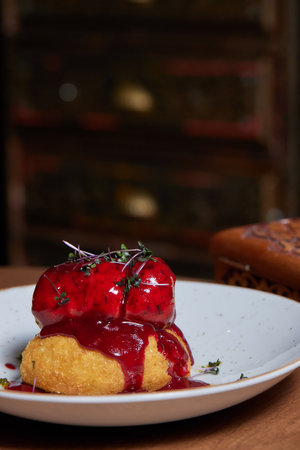 Pieces of roast duck meat lie on a white plate. Under the meat is a red sweet sauce. Decorated with...