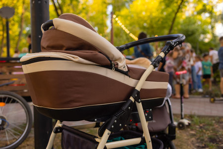 Empty baby stroller for boys in the park.の写真素材