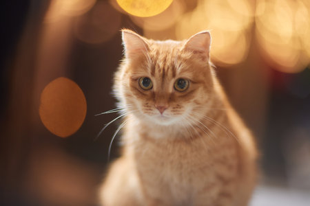 Christmas cat. Portrait striped kitten with Christmas lights garland on festive red background.の写真素材
