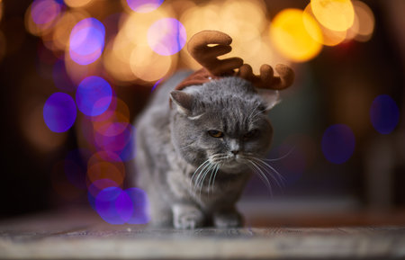 Cute cat in Santa Claus hat against blurred Christmas lights.の写真素材