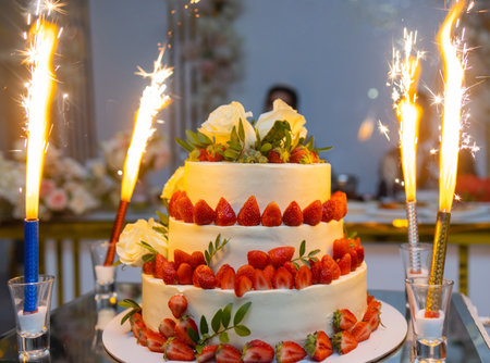 Wedding cake in the restaurant on the wedding celebration.の写真素材