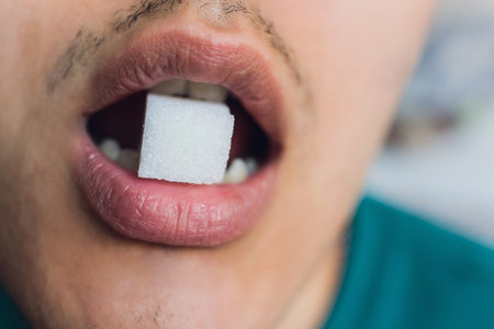 Man and sugar. Calories. Sugar free. tongue close-up.の写真素材