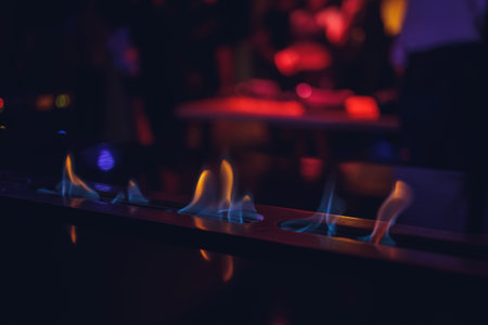 The flames in electric fireplace close-up. Interior.の写真素材