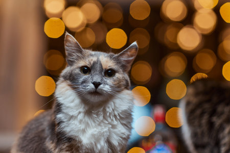 Christmas cat. Portrait striped kitten with Christmas lights garland on festive red background.の写真素材