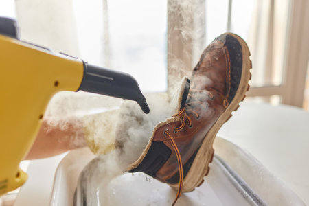 washing the dirty cleaning the shoes with a steam cleaner.の写真素材