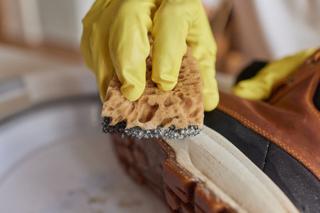 A person is cleaning mens suede casual boots with brush, sponge and spray. Shoe shine and care....
