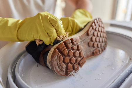 A person is cleaning mens suede casual boots with brush, sponge and spray. Shoe shine and care. Footwear moisture and dirt protection.の写真素材