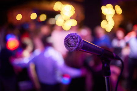 Microphone. Microphone close-up. A pub. Bar. A restaurant. Classical music. Music.の写真素材