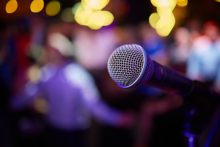 Microphone. Microphone close-up. A pub. Bar. A restaurant. Classical music. Music.の写真素材