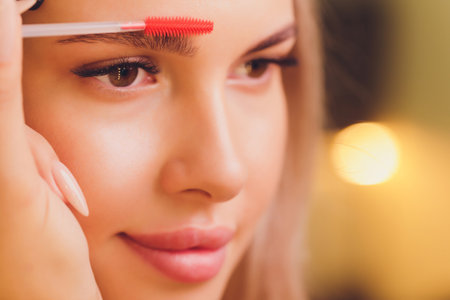 Young woman having professional eyebrow correction procedure in beauty salon.の写真素材