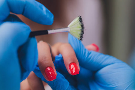 woman doing manicure in a beauty salon. Close-up of hands.の写真素材