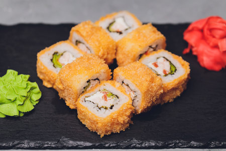 sushi rolls tempura,japanese food style ,Traditional Japanese cuisine, Crunchy Shrimp Tempura Roll.の写真素材