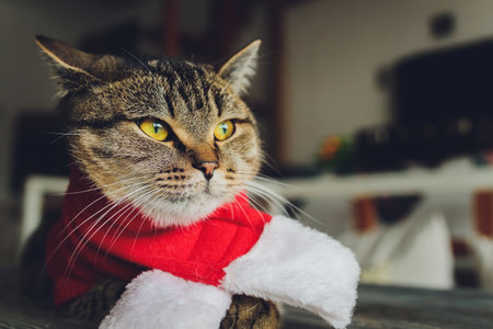 portrait of a tabby cat in Santa Claus costume, lying.の写真素材