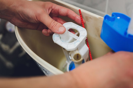 Hand is fixing a toilet cistern at home.の写真素材