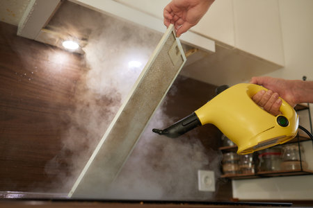 house cleaning. Girl brushes steam cleaners kitchen drawing with steam in green gloves. cleaning of a surface. light kitchen.の写真素材