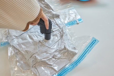 The girl pumps out air with a vacuum cleaner from a vacuum bag with clothes. The concept of storage and transportation of clothing, things. Space saving seal bag.の写真素材