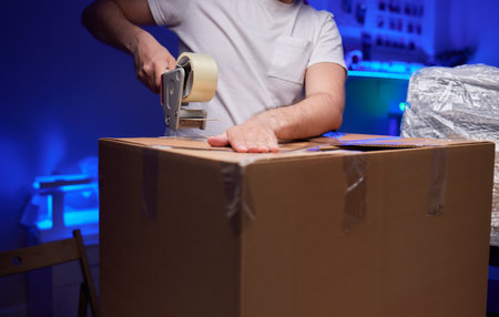 young man packing a monitor in a cardboard box.の写真素材