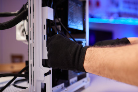 A computer technician assembles a desktop computer with new parts. Upgrading or replacing PC parts.