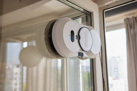 A window cleaner robot washes glass against the backdrop of multi-storey buildings.の写真素材