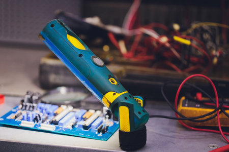 Closeup on electronic board in hardware repair shop, blurred and toned image. Shallow DOF, focus on...