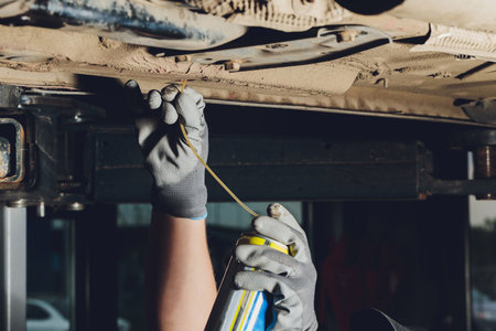 car mechanic purges carburetor channels with auto body bottom.の写真素材