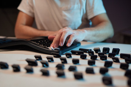 Old dirty computer keyboard with removed keys. The tools for repair and cleaning on the table in the workshop workspace.の写真素材