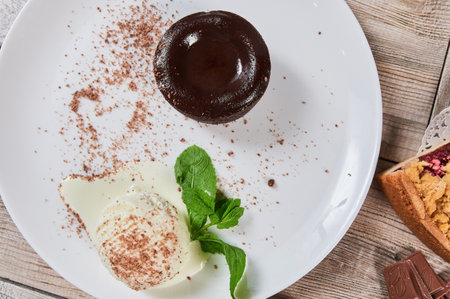Chocolate Brownie cheesecake on wooden table. close-upの写真素材