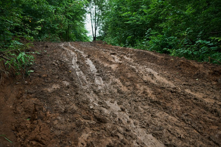 road wet muddy of backcountry countryside in rainy day.