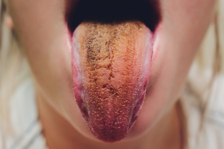 dirty tongue, close-up, dark brown after soda.