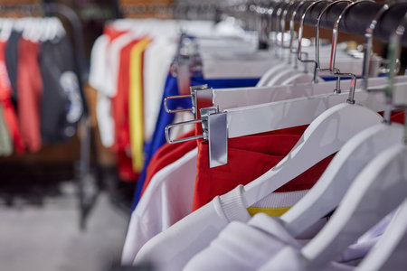 Fashion clothes on clothing rack, Bright colorful cotton shirts on hanger in boutique shop.