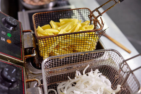 Dirty cooking area with french fries deep fryer.