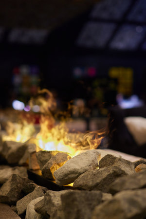 artificial fire in the fireplace, close up picture.の写真素材