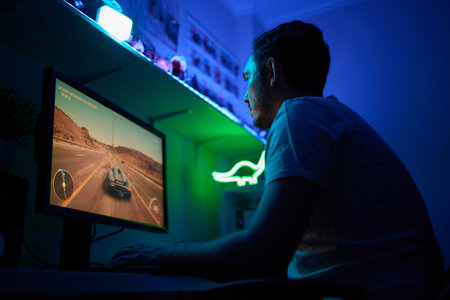 Player looking at his computer screen, contemplating his next move in an online video game.
