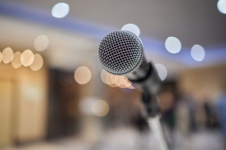 microphone on stage, speaker, conference close-up black.の写真素材