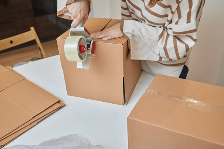 Caucasian girl taping boxes for moving in new apartment.