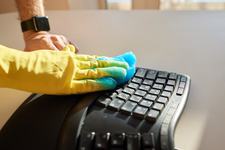 Blue soft gel cleaning dust on keyboard. Concept cleaning your computers keyboard. Office cleaning.