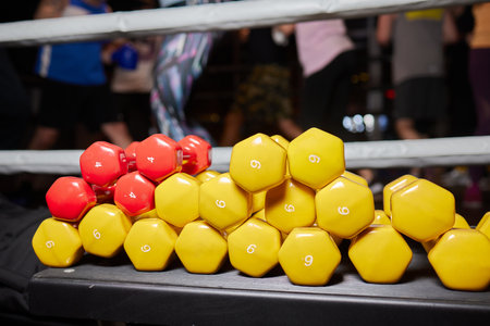Stand with dumbbells. Sports and fitness room. Weight Training Equipment. Black dumbbell set, many...