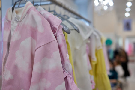 Fashion clothes on clothing rack, Bright colorful cotton shirts on hanger in boutique shop.の写真素材
