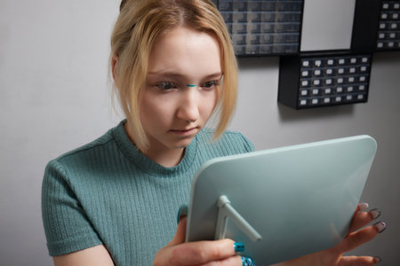 Nose Bridge Piercing Professional holding the jewel of piercing day just before screw the ball.の写真素材