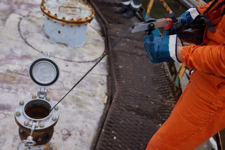 Young offshore engineer sounding fuel oil cargo tank on cargo deck on supply vessel in harbor.