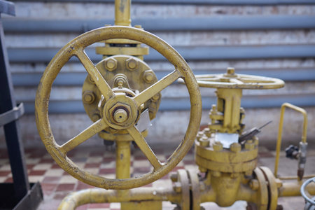 Close-up at pipeline valve which is using to control production process in the oil refinery plant. Selective focus at the valve handle wheel, Heavy industrial object photo.の写真素材