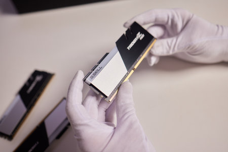 RUSSIA, UFA, NOVEMBER 11, 2022: A package of G.Skill ddr 5 trident z 5 rgb desktop memory on light background.のeditorial素材