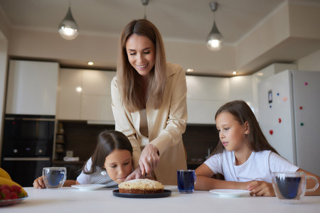 Young mother with a beautiful daughter drinks tea in the kitchen.の写真素材