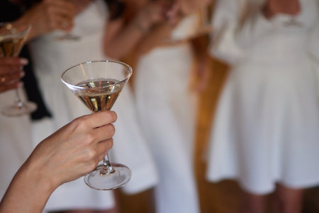 Clinking glasses with alcohol and toasting, party.の写真素材