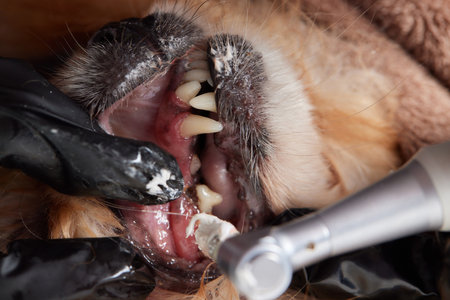 Veterinary stomatology: Cleaning teeth from plaque and stone in a 9 year old poodle Intubated under anesthesia with an ultrasound scaler.の写真素材